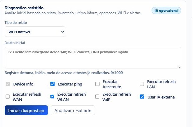 Tela do diagnóstico assistido do WiseISP com relato inicial, consultas técnicas e ações para o CPE